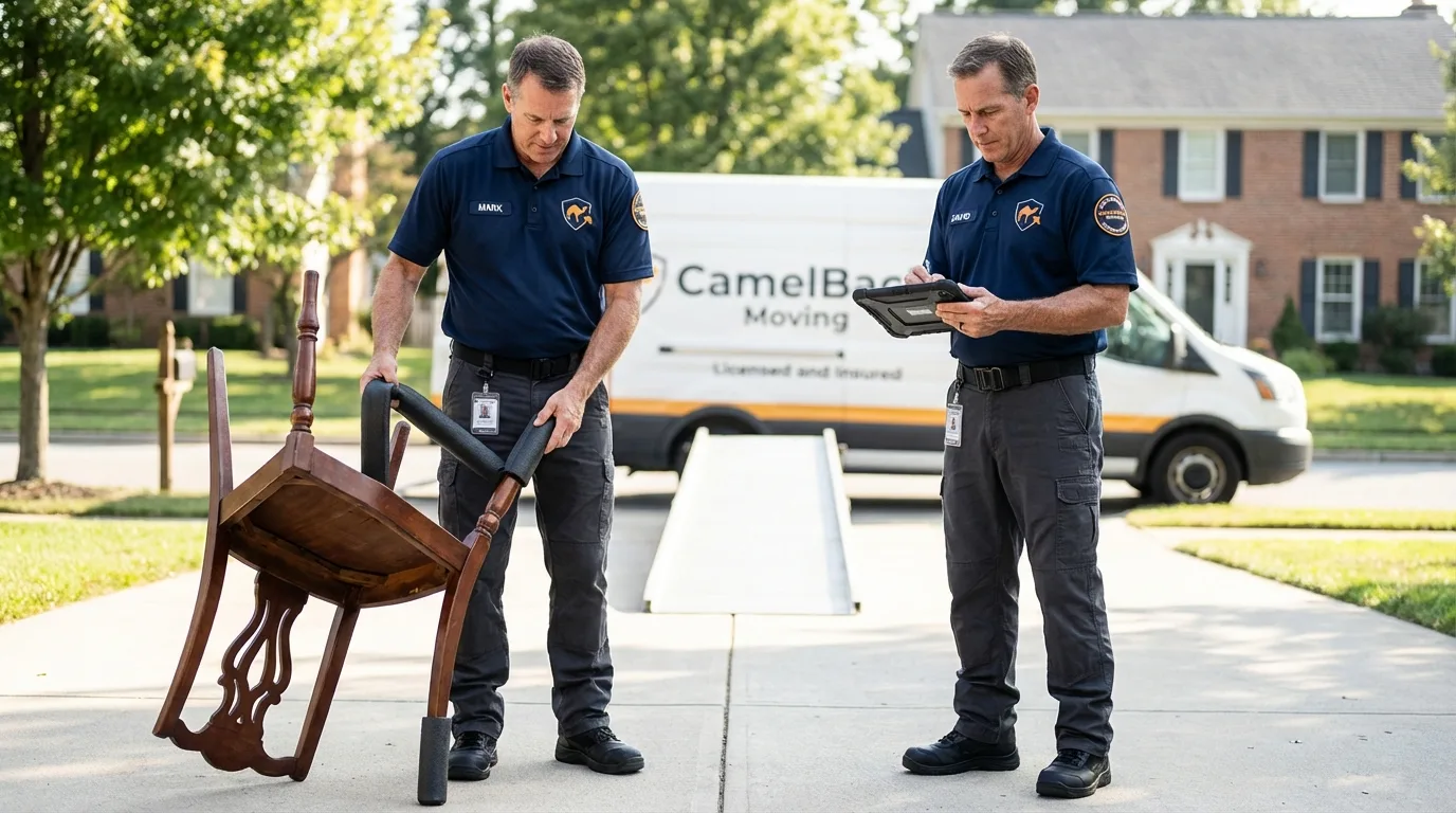 Movers inspecting furniture for damage prevention before loading in Cromwell, CT