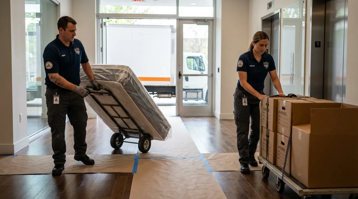 Professional apartment movers loading elevator in Cromwell, CT